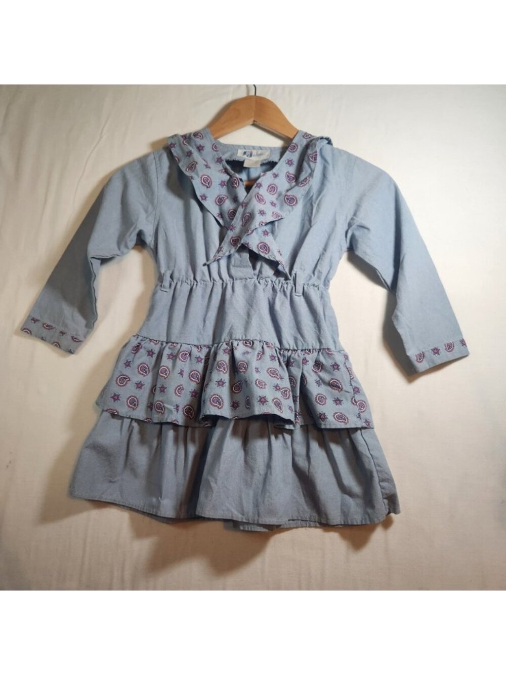 Vintage western Gitano Girls Blue Paisley Tiered Ruffle Sailor Collar Dress 5x